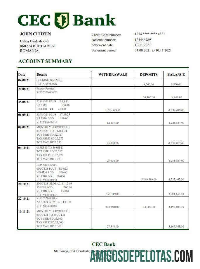 Exemplo de PDF do Excel do Banco CEC da Romênia